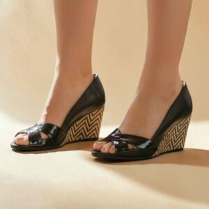 Anyi Lu Tribal Normcore Black Leather Wedges Size 8.5